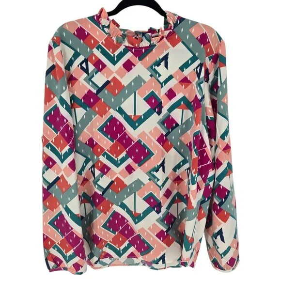 Michelle Mcdowell size XXL multicolor geometric long sleeve blouse pleated neck - Picture 1 of 8
